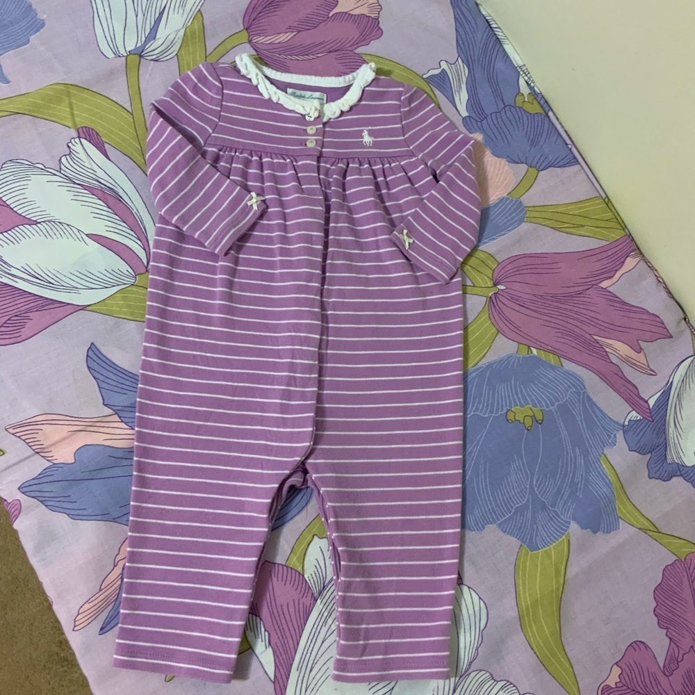 EUC RALPH LAUREN  Purple/White Stripe  Coverall Jumpsuit Baby Girl